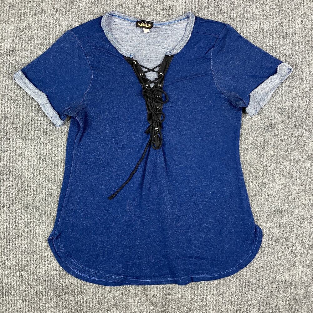 Glitz Top Womens Size M Blue Short Sleeve Lace Up Front Casual Stretch Babydoll